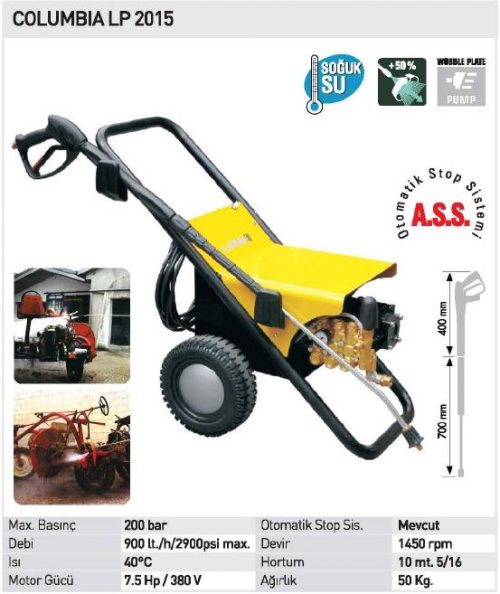 Lavor COLUMBIA LP 2015 / 200Bar 7.5Hp Monofaze Yüksek Basınçlı Yıkama Makinası