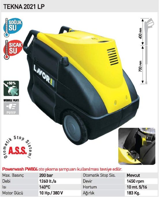 Lavor TEKNA 2021 LP / 200Bar 10Hp Monofaze Yüksek Basınçlı Sıcak ve Soğuk Yıkama Makinası Lavor TEKNA 2021 LP / 200Bar 10Hp Monofaze Yüksek Basınçlı Sıcak ve Soğuk Yıkama Makinası