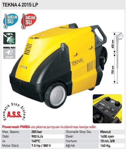 Lavor TEKNA 4 2015 LP / 200Bar 7.5Hp Monofaze Yüksek Basınçlı Sıcak ve Soğuk Yıkama Makinası