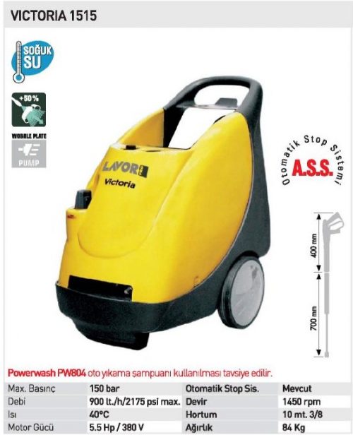 Lavor VICTORIA 1515 / 150Bar 5.5Hp Monofaze Yüksek Basınçlı Yıkama Makinası