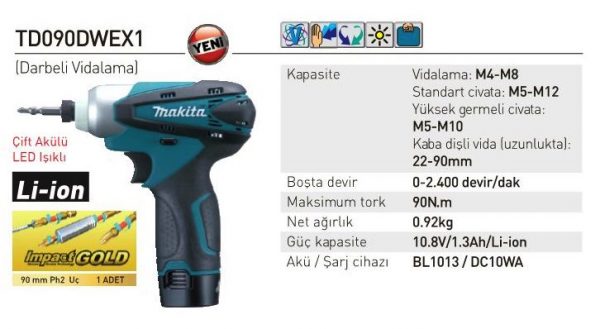 Makita TD090DWEX1 Çift Akülü Darbeli Vidalama Makinası Li-ion 10.8V 1.3Ah