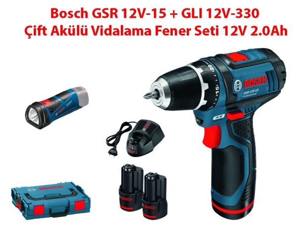 Bosch GSR 12V-15 + GLI 12V-330 Çift Akülü Vidalama Fener Seti 12V 2.0Ah